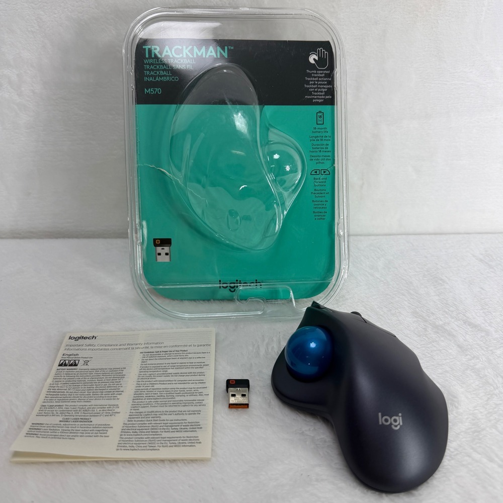 Logitech Trackman M570 Wireless Trackball Mouse Graphite Blue New Open Package‎